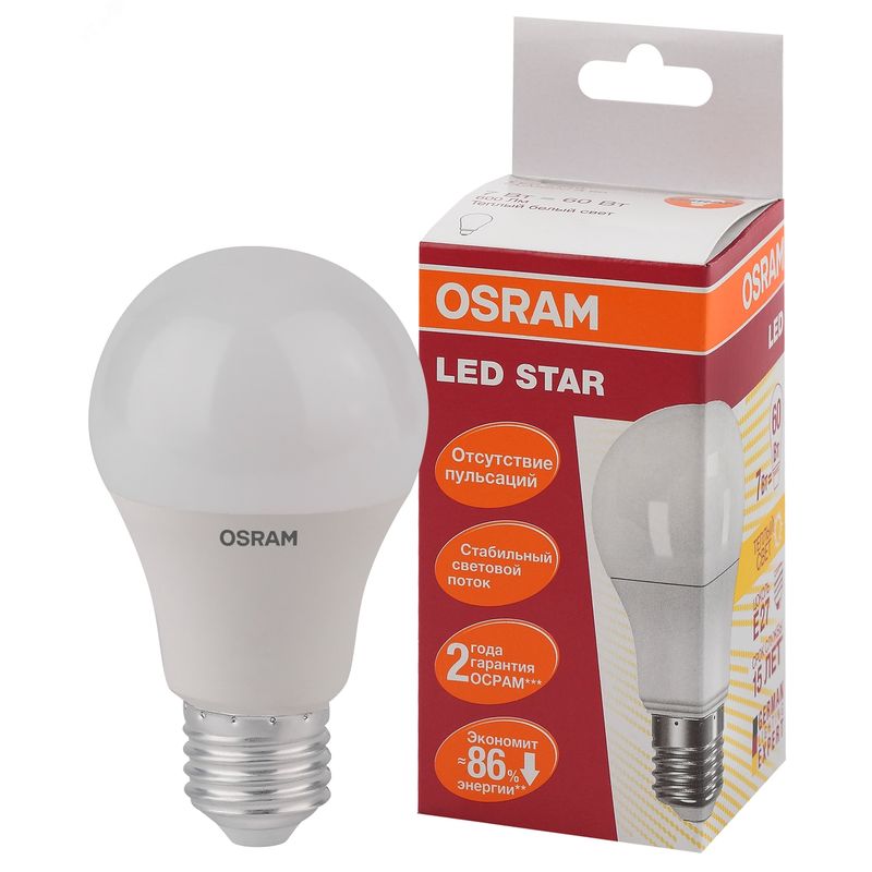 Лампа светод. LED 7Вт Е27 STAR ClassicA (зам60Вт),тепл. бел. свет, мат. колба OSRAM 6387 и 6400  в Муроме