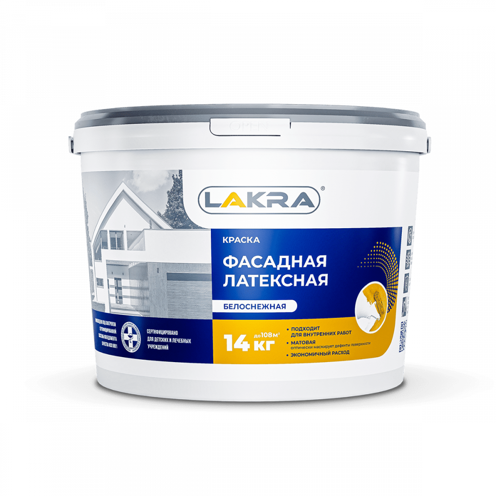 Краска фасадная латексная белоснежная  14кг ЛАКРА 1/11/44  в Муроме