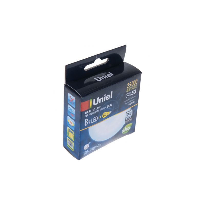 UL-00001671  Лампа светодиод, мат. Бел. свет. Картон. ТМ Uniel., LED-GX53-8W/NW/GX53/FR PLZ01WH 9179  в Муроме