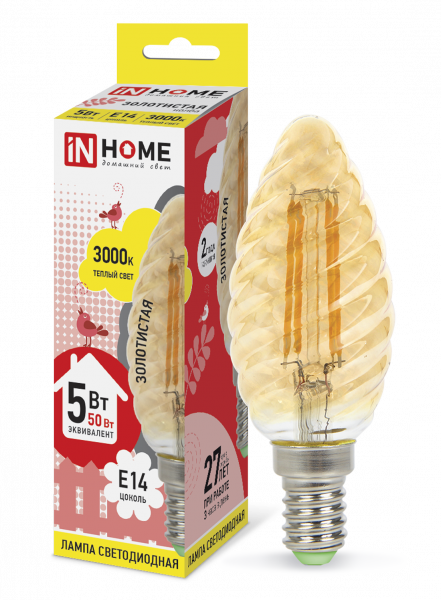 Лампа LED-СВЕЧА ВИТАЯ-deco 5Вт 230В E14 3000К 450Лм зол. IN HOME 4690612007199  в Муроме